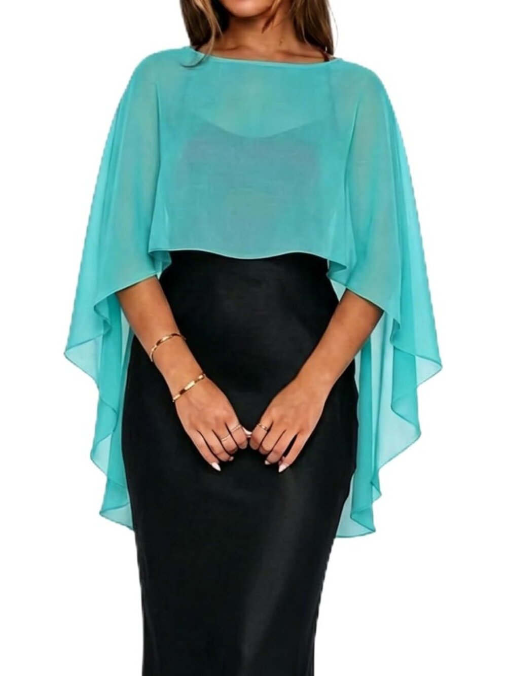 Women's Blue Chiffon Cape Sheer Poncho Top Shawls and Wraps Beach Cover Up